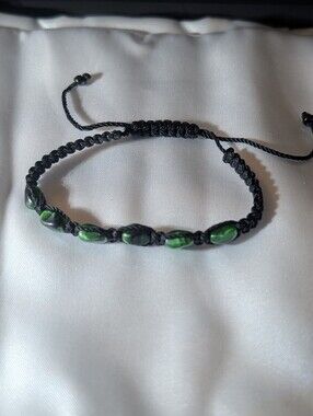 Earthy Green Tiger's Eye Natural Stone Black Macrame Adjustable Slider Bracelet